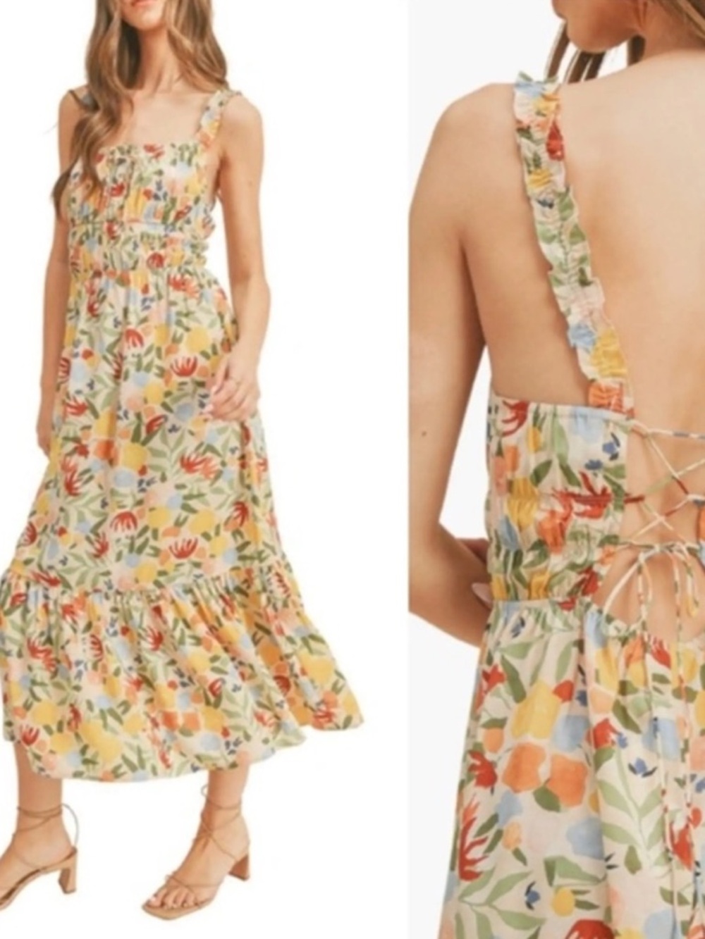 Lush Fruity Floral Backless Midi Dress Colorful Open Corset Back Ruffle Straps S